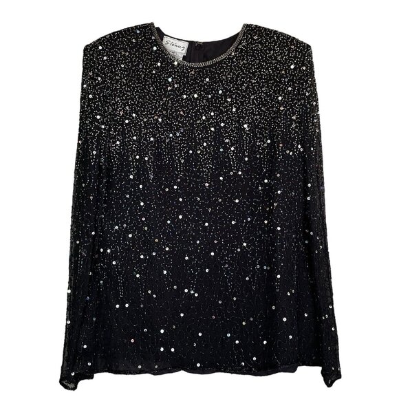 Vtg Stenay Silk Sequined Beaded Sheer Sleeve Evening Top Black Silver Size M - Picture 6 of 6